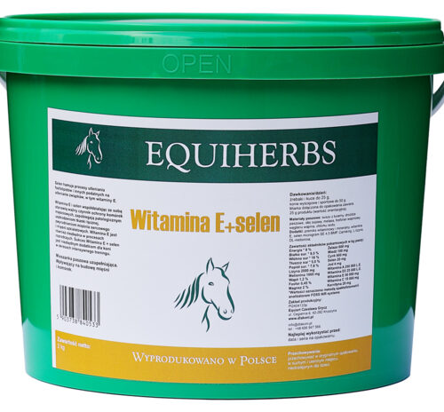 Zielone wiaderko suplementu Equiherbs Witamina E + selen dla koni