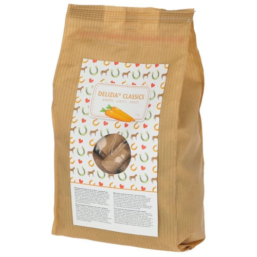 apierowa torba z końskimi smakołykami dla konia Delizia Kerbl Marchewkowe 1kg