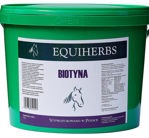 Zielone wiaderko suplementu Equiherbs Biotyna dla koni