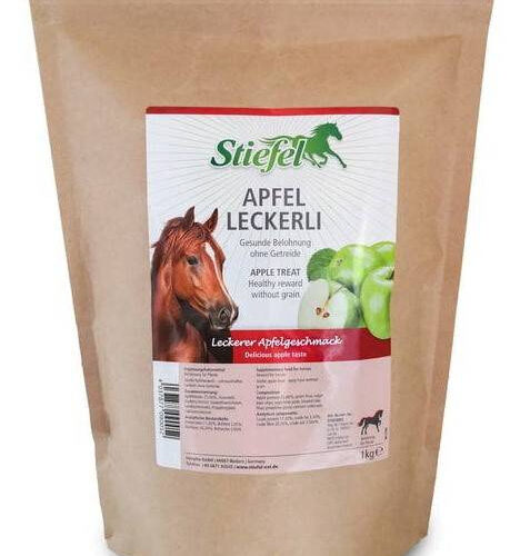 Przysmaki Stiefel Apfel Leckerli w brązowym opakowaniu z koniem