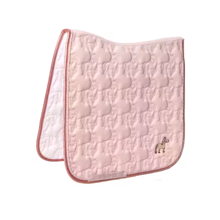 Różowy czaprak dziecięcy z haftem żyrafy, biała lamówka